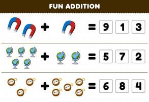 onderwijs spel voor kinderen pret toevoeging door Raad eens de correct aantal van schattig tekenfilm magneet wereldbol kompas afbeelding afdrukbare gereedschap werkblad vector