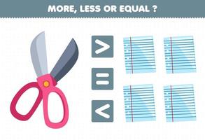 onderwijs spel voor kinderen meer minder of Gelijk tellen de bedrag van schattig tekenfilm schaar en papier afdrukbare gereedschap werkblad vector