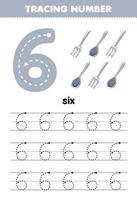 onderwijs spel voor kinderen traceren aantal zes met grijs vork en lepel afbeelding afdrukbare gereedschap werkblad vector