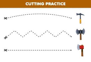 onderwijs spel voor kinderen snijdend praktijk met schattig tekenfilm bijl en pikhouweel afbeelding afdrukbare gereedschap werkblad vector