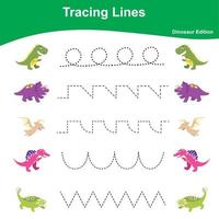 traceren lijnen spel dinosaurus editie. leerzaam werkblad. werkblad werkzaamheid voor peuter- kinderen. peuter- onderwijs. vector illustratie.