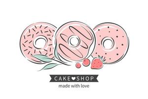 taart en brood winkel logo. donuts en bessen. vector illustratie voor logo, menu, recept boek, bakken winkel, cafe, restaurant.