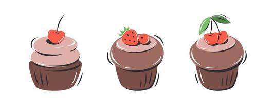 verzameling cupcakes met bessen. muffin set. vector illustratie voor logo, menu, recept boek, bakken winkel, cafe, restaurant.