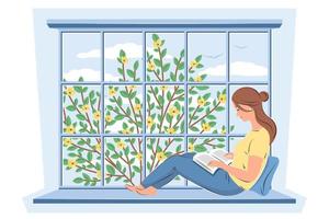 vrouw lezing boek en zittend Bij de voorjaar venster. voorjaar vector illustratie