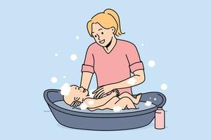 glimlachen jong moeder het wassen schattig baby zuigeling in bad. gelukkig mam Doen dagelijks schoonmaak hygiëne procedures voor klein kind. moederschap en jeugd. vector illustratie.