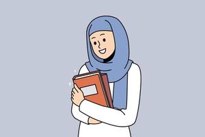 glimlachen jong Arabisch vrouw in hijab Holding boeken opgewonden over college onderwijs. gelukkig Arabisch meisje in hoofddeksels poseren met studieboeken. vector illustratie.