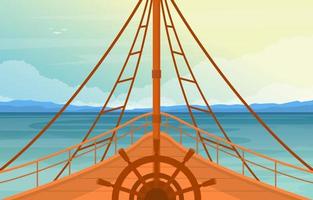 kapitein schip dek met navigatiewiel en oceaan horizon illustratie vector