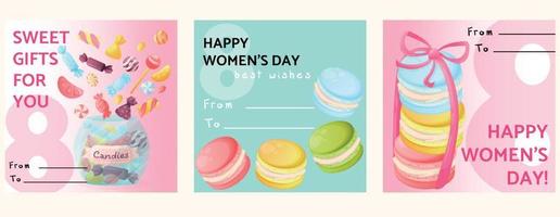 reeks van drie groet kaarten voor maart 8. ansichtkaarten voor wereld vrouwen dag. kaart met snoepgoed en bitterkoekjes. teder roze en turkoois kaarten voor meisjes. ansichtkaarten van naar met lijn vector