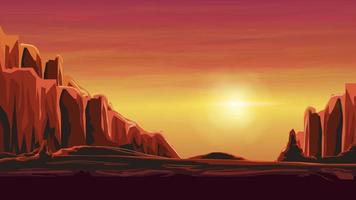 zonsopgang in een zanderige canyon in warme oranje tinten. vector illustratie