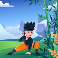 Ninja jongen poseren met Woud achtergrond vector