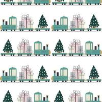 blauw speelgoed- trein met schattig cadeaus en Kerstmis boom. winter festival naadloos patroon. vector