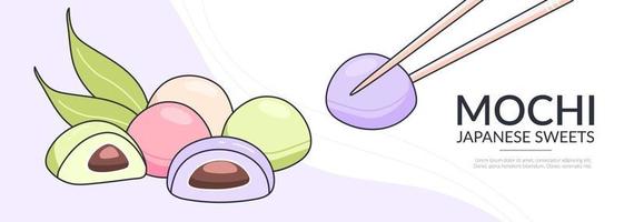 banier ontwerp met Japans mochi. kleurrijk nagerecht. Japans Aziatisch nagerecht. banier, website, reclame, menu. vector illustratie in tekening stijl