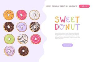 een bladzijde web ontwerp sjabloon met assortiment van bakkerij of cafe donuts. plaats voor tekst. vector. vector