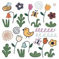 een reeks van planten en insecten - gras, bloemen, bij, vogel, vlinder, zon, krabbels, figuren met textuur. vector illustratie in tekening stijl. geïsoleerd Aan een wit achtergrond.