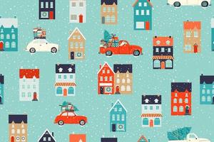 winterhuizen voor kerst en rode retro auto met een dennenboom en geschenken. kerststoffen en decor. naadloze patroon. vector