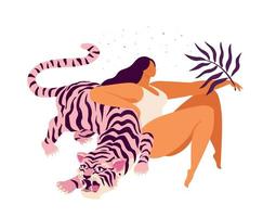 roze tijger en een vrouw ontspannen inspirerende poster. hou van jezelf kaart. vector