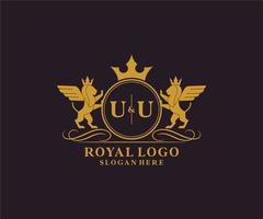 eerste uu brief leeuw Koninklijk luxe heraldisch, wapen logo sjabloon in vector kunst voor restaurant, royalty, boetiek, cafe, hotel, heraldisch, sieraden, mode en andere vector illustratie.