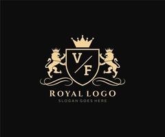 eerste vf brief leeuw Koninklijk luxe heraldisch, wapen logo sjabloon in vector kunst voor restaurant, royalty, boetiek, cafe, hotel, heraldisch, sieraden, mode en andere vector illustratie.