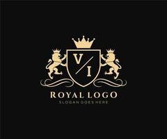 eerste vi brief leeuw Koninklijk luxe heraldisch, wapen logo sjabloon in vector kunst voor restaurant, royalty, boetiek, cafe, hotel, heraldisch, sieraden, mode en andere vector illustratie.