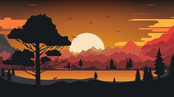 de natuurlijk landschap tekenfilm ontwerp met de zon en bergen. vector illustratie.