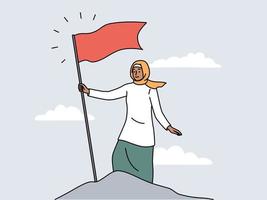 glimlachen Arabisch vrouw in hijab bereiken berg top zetten rood vlag Aan top. geslaagd Arabisch vrouw bereiken doel of doel. succes en zege. vector illustratie.