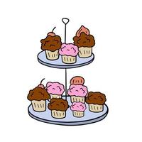 tweeledig portie dienblad met cupcakes. bord met zoet nagerecht. chocola brownies. schetsen tekening illustratie vector