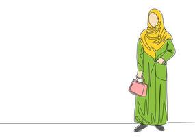 een doorlopend lijn tekening van jong mooi muslimah Aan traditioneel Arabisch kleding draag- pocker tas. schoonheid Aziatisch vrouw model- in modieus hijab mode concept single lijn trek ontwerp vector illustratie