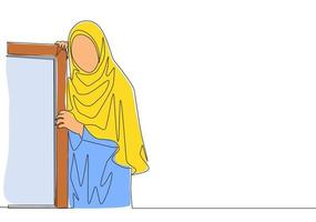 single doorlopend lijn tekening van jong mooi muslimah vervelend hoofd sjaal leunend Aan de muur. mooi Aziatisch vrouw model- in modieus hijab mode concept een lijn trek ontwerp vector illustratie