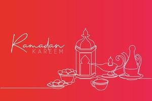 Ramadan kareem groet kaart, poster en banier ontwerp. een single lijn tekening van Islamitisch ornament lantaarn, glas, datums fruit, voedsel, drinken en theepot. doorlopend lijn trek vector illustratie