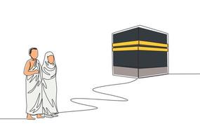 single doorlopend lijn tekening van moslim en muslimah pelgrim wandelen naar heilig plaats kaabah Bij mekka, saudi Arabië. moslim vakantie, eid al adha groet kaart concept een lijn trek ontwerp illustratie vector