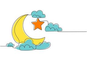 een single lijn tekening van Islamitisch ornament met maan en ster en bewolkt lucht Aan wit achtergrond. Ramadan kareem groet kaart, banier, en poster concept. doorlopend lijn trek vector illustratie
