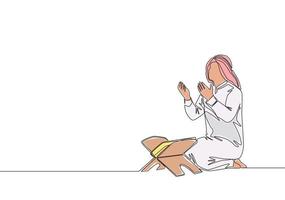 een doorlopend lijn tekening van jong moslim persoon verhogen en Open handen bidden achter koran. Islamitisch heilig dag Ramadan kareem en eid mubarak bidden concept single lijn trek ontwerp vector illustratie