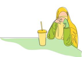 een doorlopend lijn tekening van jong gelukkig saudi Arabisch muslimah vervelend boerka terwijl zitten en drinken koffie. traditioneel Islamitisch vrouw Niqab jurk concept single lijn trek ontwerp vector illustratie