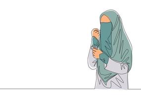 single doorlopend lijn tekening van jong schoonheid Aziatisch muslimah vervelend boerka terwijl Holding haar hand. traditioneel mooi moslim vrouw Niqab met hijab concept een lijn trek ontwerp vector illustratie