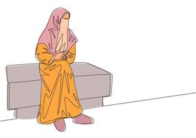 single doorlopend lijn tekening van jong aantrekkelijk midden- oosten- muslimah vervelend boerka locatie Aan stoel. traditioneel schoonheid moslim vrouw Niqab met hijab concept een lijn trek ontwerp vector illustratie