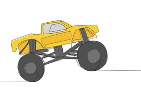single lijn tekening van 4x4 wiel stuurinrichting monster vrachtauto auto voor wedstrijd en toernooi. avontuur van de weg af voertuig vervoer concept. een doorlopend lijn trek ontwerp vector
