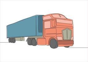 een lijn tekening van modern groot aanhangwagen vrachtauto met container. koerier lading leveren voertuig vervoer concept. single doorlopend lijn trek ontwerp vector