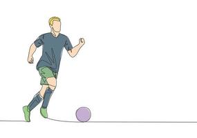 een doorlopend lijn tekening van jong energiek Amerikaans voetbal speler dribbelen en controlerend de bal Bij de spel. voetbal bij elkaar passen sport- concept. single lijn trek ontwerp vector illustratie