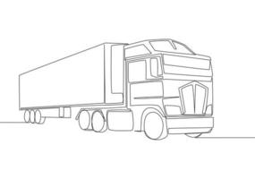 een lijn tekening van modern groot aanhangwagen vrachtauto met container. koerier lading leveren voertuig vervoer concept. single doorlopend lijn trek ontwerp vector