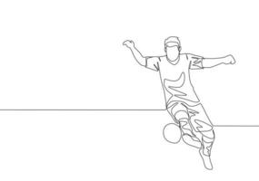 een doorlopend lijn tekening van jong getalenteerd Amerikaans voetbal speler controlerend de bal met zijn Rechtsaf voet. voetbal bij elkaar passen sport- concept. single lijn trek ontwerp vector illustratie