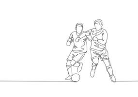 single doorlopend lijn tekening van jong energiek Amerikaans voetbal speler elleboog tegenstander speler terwijl vechten voor de bal. voetbal bij elkaar passen sport- concept. een lijn trek ontwerp vector illustratie