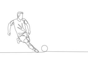 een single lijn tekening van jong energiek Amerikaans voetbal speler dribbelen de bal en klaar naar schot naar de doel. voetbal bij elkaar passen sport- concept. doorlopend lijn trek ontwerp vector illustratie