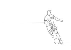 een single lijn tekening van jong getalenteerd Amerikaans voetbal middenvelder dribbelen een bal naar de tegenstanders Oppervlakte. voetbal bij elkaar passen sport- concept. doorlopend lijn trek ontwerp vector illustratie