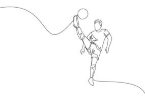 een single lijn tekening van jong gelukkig Amerikaans voetbal speler met kort mouw Jersey schoppen de bal terwijl hij is springen. voetbal bij elkaar passen sport- concept. doorlopend lijn trek ontwerp vector illustratie