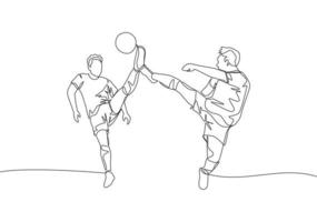 single doorlopend lijn tekening van twee jong energiek tegenover Amerikaans voetbal spelers trap de bal samen naar krijgen de bal. voetbal bij elkaar passen sport- concept. een lijn trek ontwerp vector illustratie