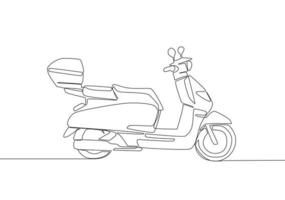 een single lijn tekening van koerier levering onderhoud motor logo. scooter motorfiets concept. doorlopend lijn trek ontwerp vector illustratie
