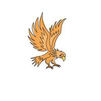 een doorlopende lijntekening van sterke adelaar voor de identiteit van het logo van de bezorgservice. havik mascotte concept voor vogel conservatief park icoon. dynamische enkele lijn vector grafische tekening ontwerp illustratie