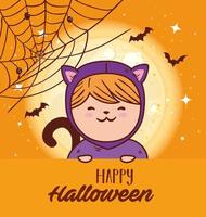 meisje in een kattenkostuum voor halloween-viering met vliegende vleermuizen vector