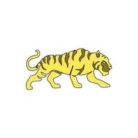 één enkele lijntekening van wilde Sumatra-tijger voor bedrijfslogo-identiteit. sterk bengaalse grote kat dier mascotte concept voor nationaal natuurbeschermingspark. doorlopende lijn tekenen ontwerp illustratie vector