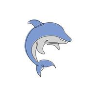 enkele doorlopende lijntekening van vriendelijke schattige dolfijn voor de identiteit van het logo van het onderwaterleven aquarium. wild zeezoogdier dier concept voor circusmascotte. een lijn tekenen vector ontwerp grafische illustratie